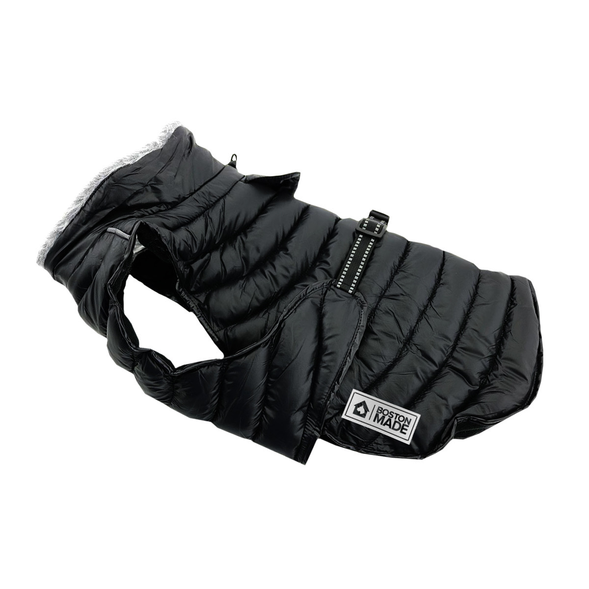Boston Made black quilted puffer dog jacket with hood and adjustable buckle strap