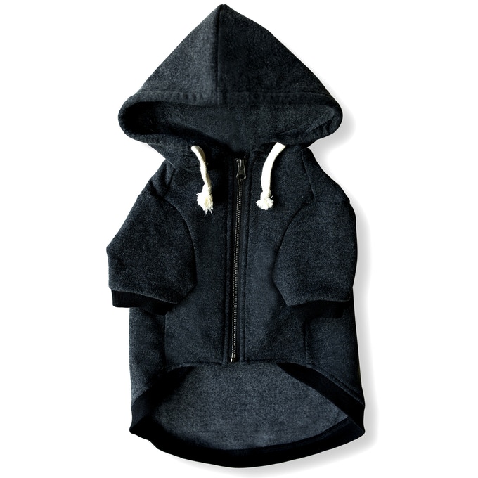 Classic navy dog hoodie with front zipper, cream drawcords, short sleeves, and curved back hem