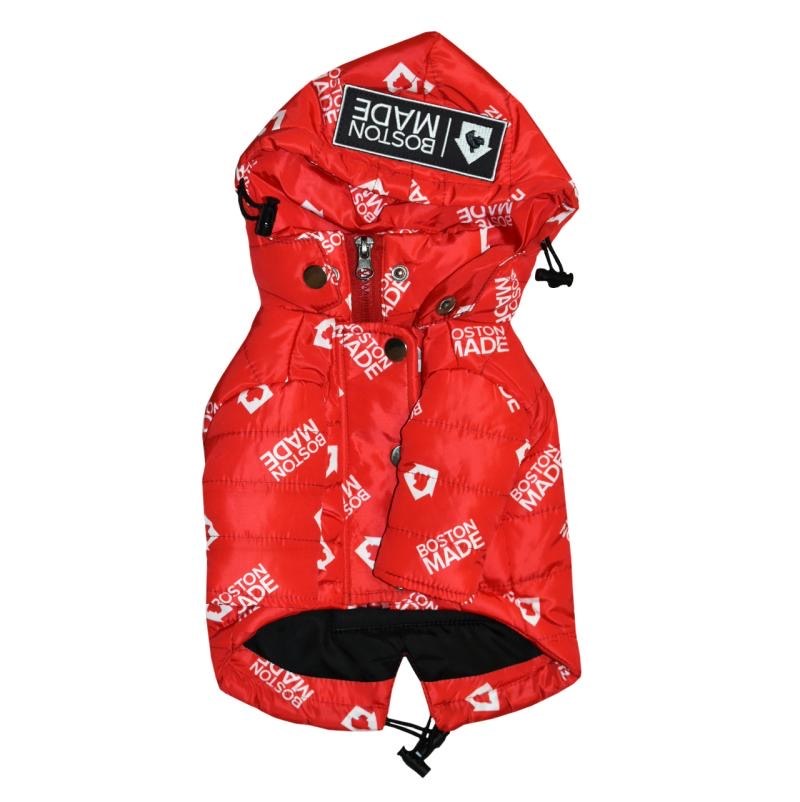 Red Boston Made Pupwear jacket, back view