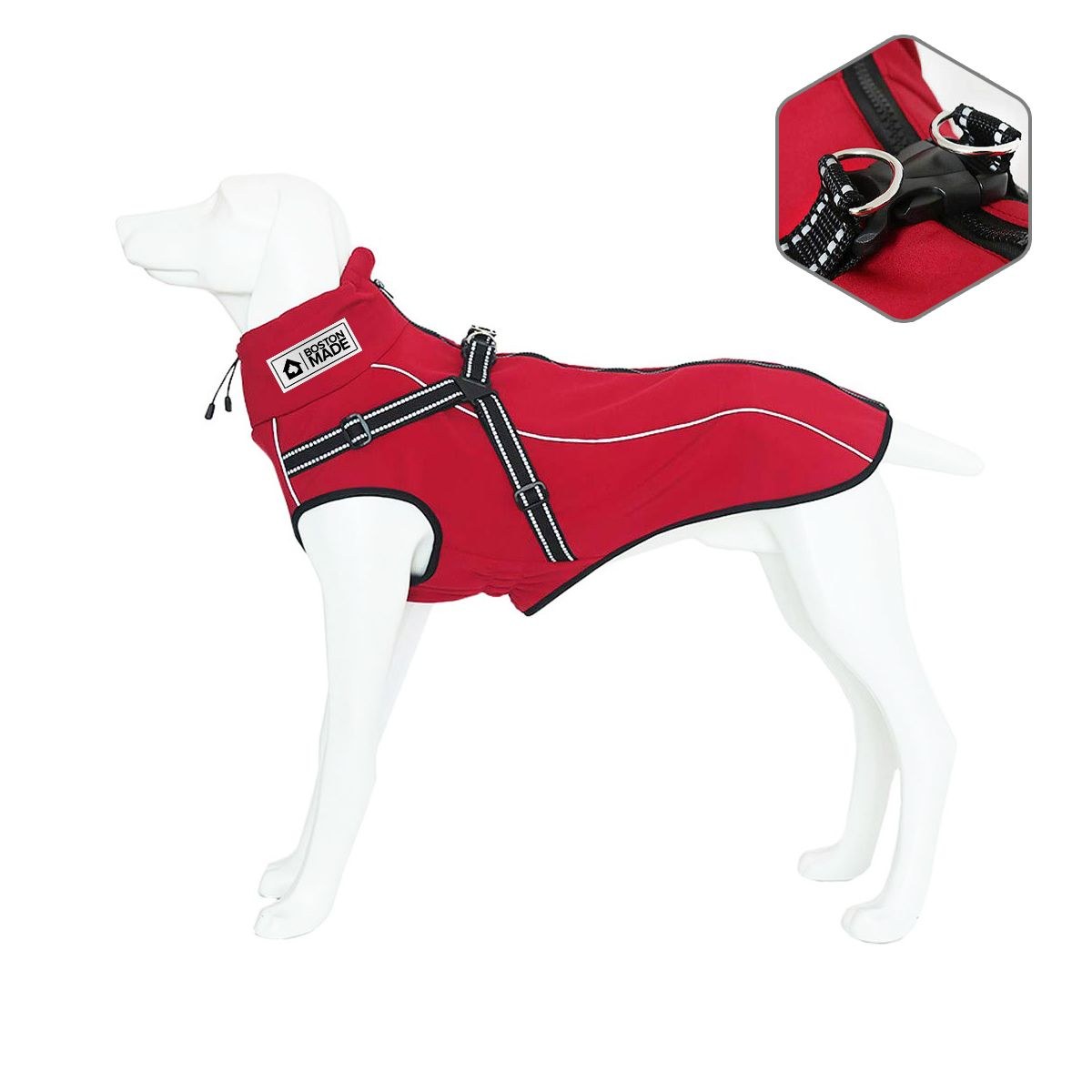 Red Boston Made Pupwear vest on mannequin