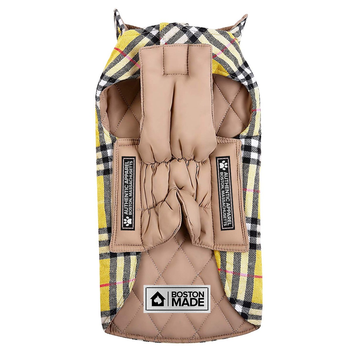 Boston Made Pets tan plaid dog jacket in an angled product view