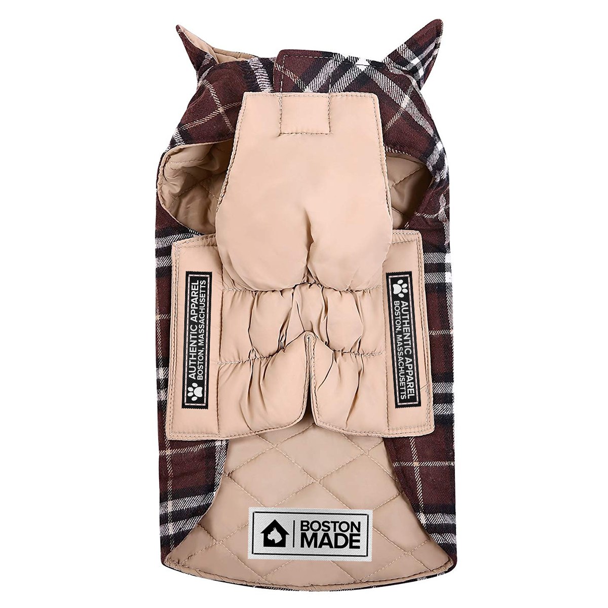 Tan plaid Boston Made Pupwear jacket, back view