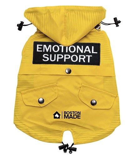 Yellow corduroy Boston Made Pupwear jacket with Emotional Support patch, front view