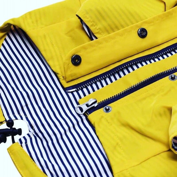 Yellow Boston Made Pupwear jacket, striped lining detail