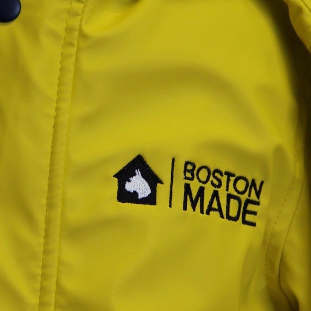 Yellow jacket fabric and logo detail