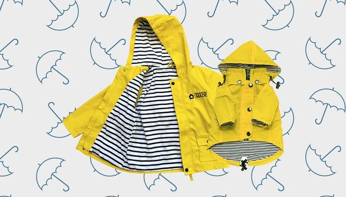 Yellow striped Boston Made Pupwear raincoat flat lay with umbrella pattern