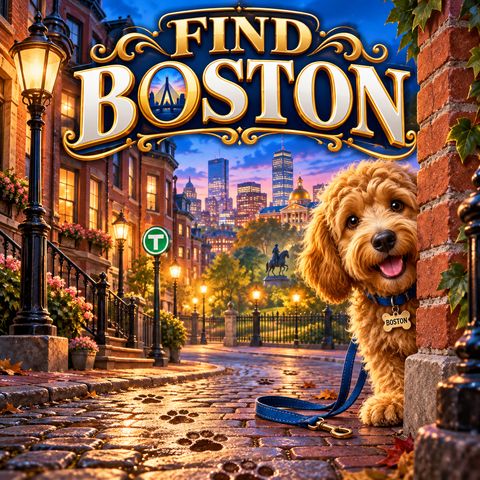 Find Boston artwork: Boston the Goldendoodle peeking around a Beacon Hill corner