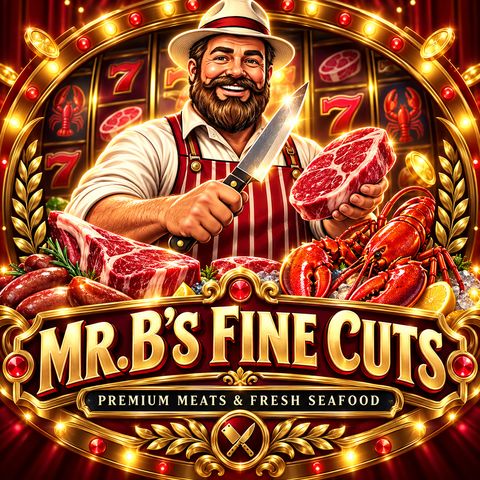 Mr. B's Fine Cuts artwork: Mr. B the butcher with steaks and lobsters under a gold marquee