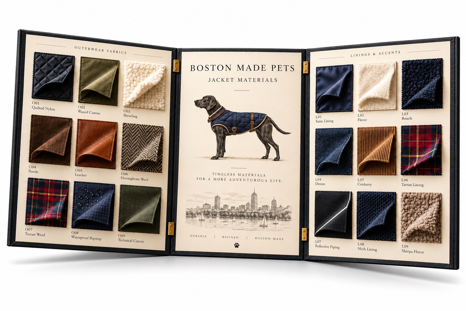 Boston Made Pets jacket materials tri-fold brochure with outerwear fabric and lining samples