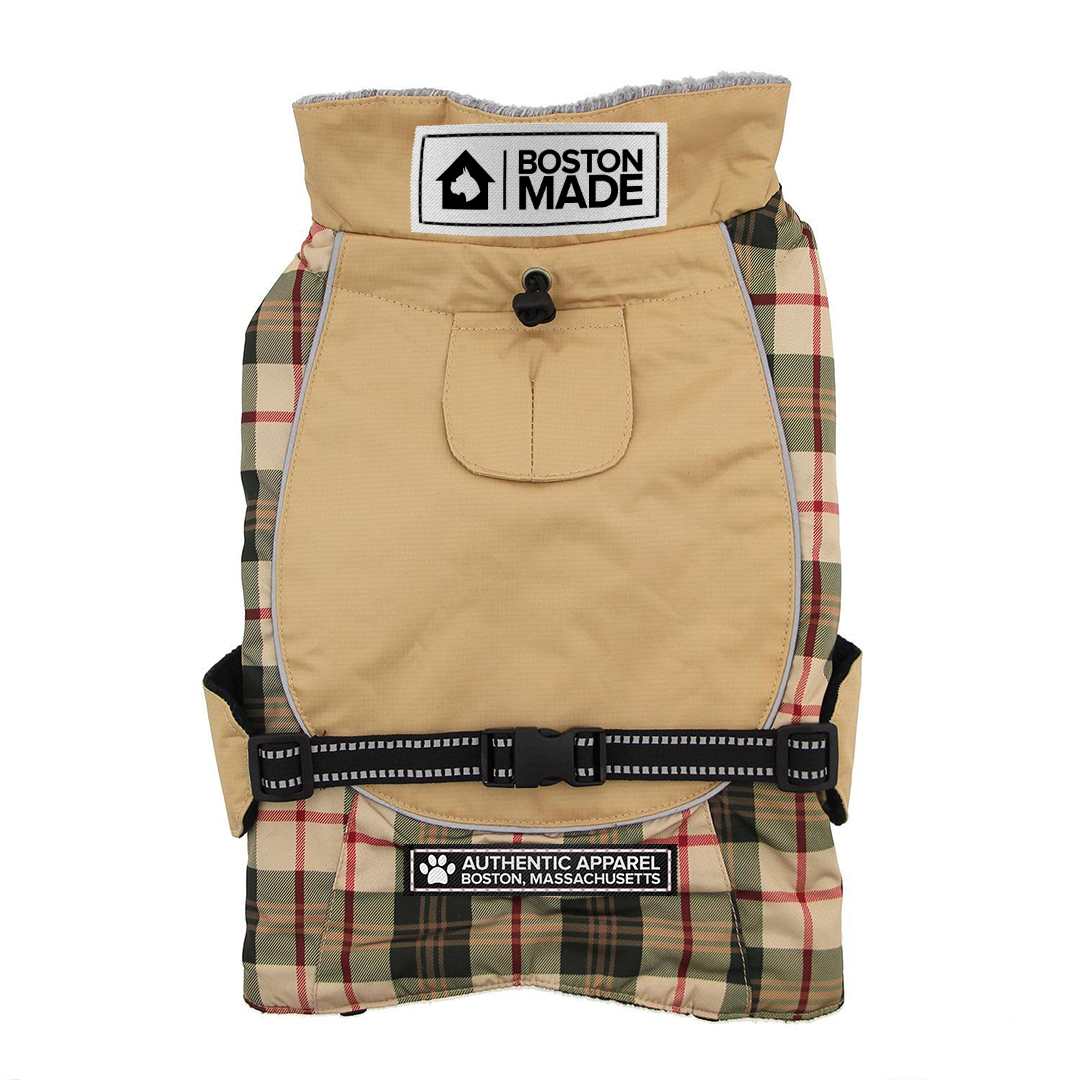 Front view of the West End Dog Jacket in tan and heritage plaid with adjustable buckle strap